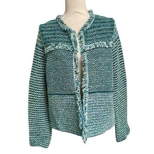 Chico's Pacific Teal Tweed Fringe Cardigan Jacket Size 1 M NWT